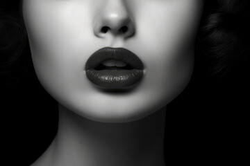 The close up of woman mouth shows the beautiful and sensual beauty of lips. Makeup and lip gloss are sexy and glamorous in detail. Generative ai black and white photo