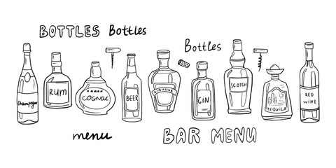 Big set with alcoholic bottles hand drawn in doodle style. Champagne, beer, martini, wine, rum, tequila and corkscrew. Isolated on white. Illustration great for bar menus, banner, recipes