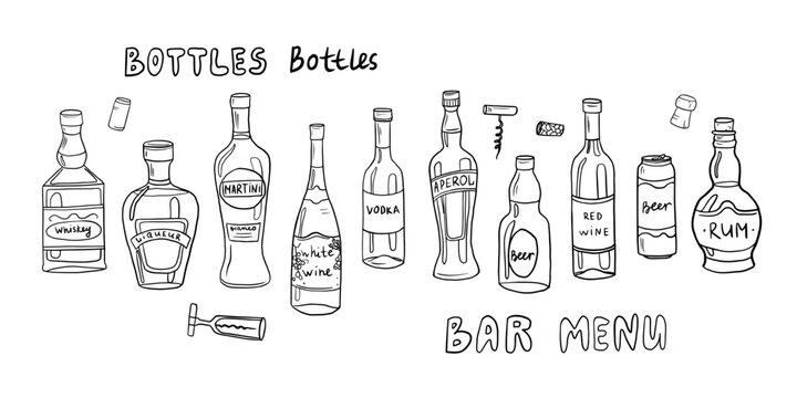 Vector set with alcoholic bottles hand drawn doodles. Champagne, beer, martini, wine, rum, tequila and corkscrew. Isolated on white. Illustration great for menus, recipes and packages product