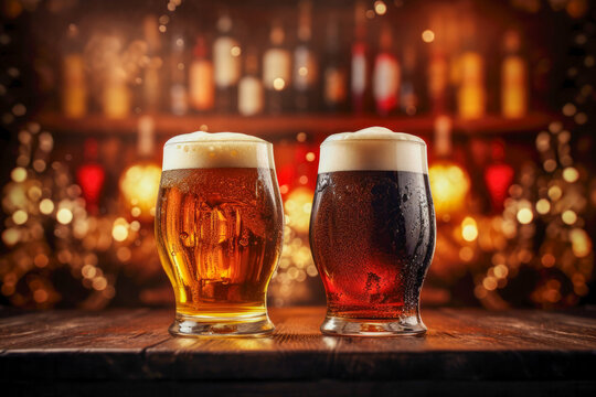 Glasses of light and dark beer on a pub background.