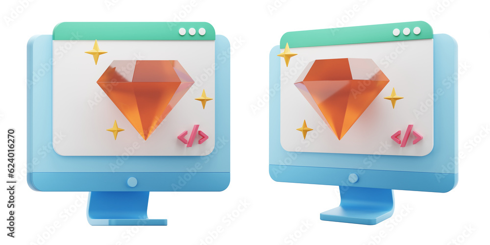 Poster monitor with diamond 3d icon render. web diamond 3d icon rendering illustration.