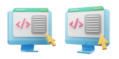 Computer and coding screen with cursor 3d Icon. Website programming and coding. 3d render of colorful web development illustration isolated on white background.
