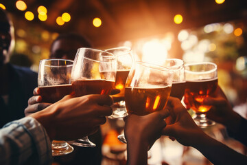 Multiracial group of friends enjoying a beer - Young people hands toasting and cheering aperitif beers half pint - Friendship and youth concept - Warm vintage raw filter - Focus on bottom hand