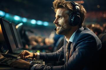 Lächelnder Moderator eines Sportspiels im Stadion, 2, AI generiert