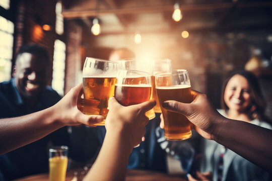Multiracial group of friends enjoying a beer - Young people hands toasting and cheering aperitif beers half pint - Friendship and youth concept - Warm vintage raw filter - Focus on bottom hand