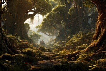 Fantasy landscape with forest and lake. Digital painting. 3D illustration, 10,000 BC forests were home to many animal, The forest floor was covered in leaf litter and fallen trees, AI Generated