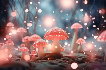 Abwaschbare Fototapete Feenwald 3d render of fly agaric mushroom in a forest with bokeh lights, 3d illustration of abstract background with bokeh lights and mushrooms, AI Generated