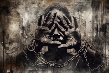 Slavery, forced use of work against persons will. A global problem. Theft. Chains. Forced ownership. Felony criminal. Captive, human trafficking, serfdom, credit, forced marriage. Shackles on hands - obrazy, fototapety, plakaty