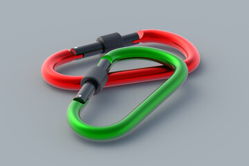 Green and red carbines on black background. Carabines for mountaineering. Accessory for extreme sports. Work on high altitude. 3d render