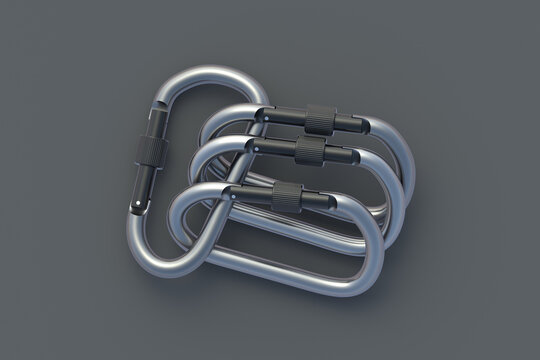 Suite of metallic carbines. Carabines for mountaineering. Accessory for extreme sports. Work on high altitude. 3d render
