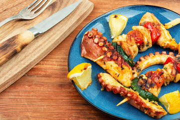 Seafood kebabs, octopus on skewers.