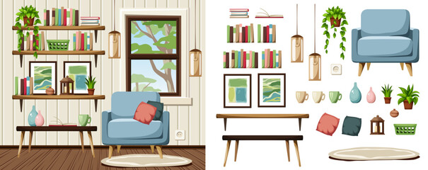 Living room interior design with a blue armchair, bookshelves, a window, and hanging lamps. Furniture set. Interior constructor. Cartoon vector illustration