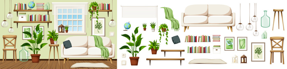 Scandinavian living room interior with a sofa, a chair, bookshelves, and houseplants. Cozy room interior design. Furniture set. Interior constructor. Cartoon vector illustration