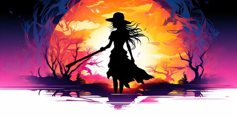 AI Generated. AI Generative. Watercolor draw ink paint witch girl woman with broom. Halloween holiday magic style. Graphic Art