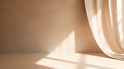 Elegant Room with Curtains in beige Colors and Shadow of Windows. Studio Background for Product Presentation.
