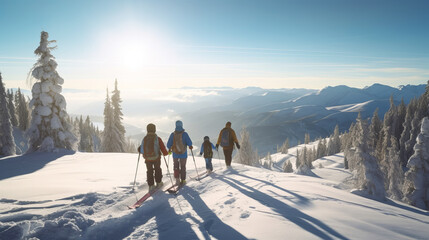 Skiing, family holidays in snow-capped mountains, winter resort on an alpine slope, recreational ski orienteering.