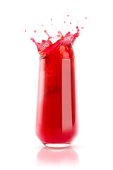 Cherry fresh red juice in glass with reflection, drops and splashind isolated on white background....