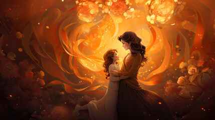 An illustration of a mother and daughter on an orange background, Mother's Day card, generated AI