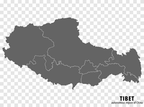 Blank map  Tibet Autonomous Region of China. High quality map Tibet  with municipalities on transparent background for your web site design, logo, app, UI. People's Republic of China. EPS10.