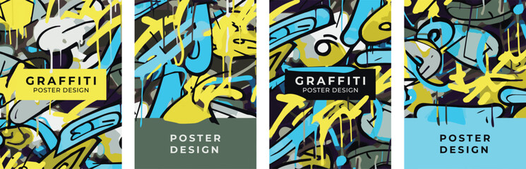 Set of posters in graffiti style. Template for poster, banner, flyer, street art, street art, abstract drawing. Design elements.
