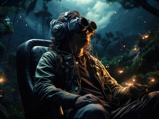 Man wearing a VR headset sit in the night scene and light fireflies, futuristic virtual world and digital art illustration. Generative AI