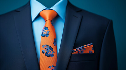 Businessman suit in blue background with orange flower tie  - obrazy, fototapety, plakaty