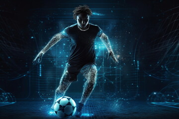 Fototapeta na wymiar Fußballspieler beim Dribbling in futuristischer Umgebung mit blauen Hintergrund, AI generiert 