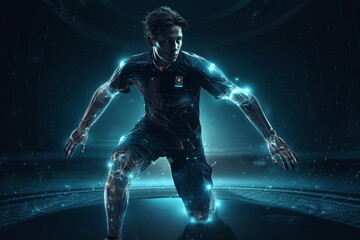 Soccer player in futuristic surrounding with blue backround, AI generated - obrazy, fototapety, plakaty