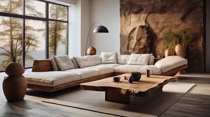Rustic live edge table and chairs near beige sofa interior design of modern living room generative ai