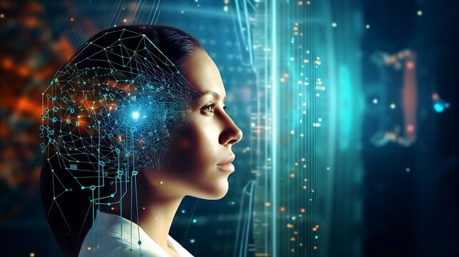The concept of a woman in a futuristic world filled with artificial intelligence. Generative AI