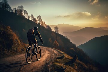 Fototapeta na wymiar Rear view of a cycling man riding a bike outside during a sunset