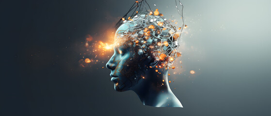 An illustration of a human head with digital connections and circuitry, symbolizing the integration of technology with the human mind and the concept of digital intelligence