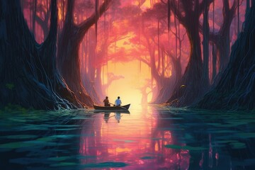 A kayaking adventure on a river, watercolor style
