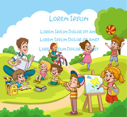Obraz na płótnie Canvas Children in park,summer camp.Babysitter,teacher,Mum reading book to children. Girl drawing the watercolor.Group children playing, spending time in games, having fun, fooling around.