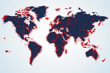 Dotted or pixelated dark blue world map with several red round highlighted areas on white background.