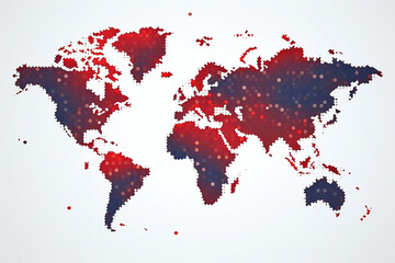 Dotted or pixelated dark blue world map with several red round highlighted areas on white background.