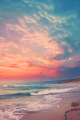 Fototapeta na wymiar Coral and blue clouds on sky after sunset. Waves crash on sandy seashore. Vertical illustration, Generative AI