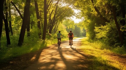 Fototapeta premium Family bike rides, walks along the paths, active recreation. Generative AI