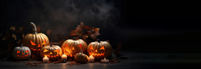 Halloween composition of a burning group of pumpkins with a candle, dark background. AI generated.