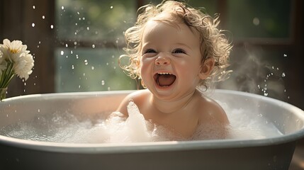 Happy baby bath time with bubble and water splashing, Generative Ai