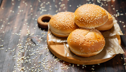 Fresh homemade burger buns with sesame.