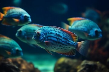 A school of fish swims at the bottom of the sea. Generative AI.