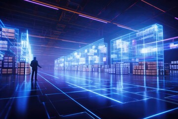 A businessman looking at the virtual interface panel of the global logistics network for distribution and transportation, Smart Logistics. Generative AI