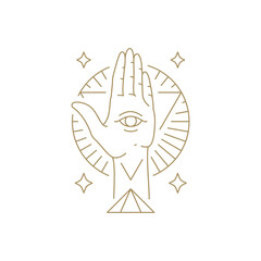 Magic human palm with all seeing eye pyramid circle triangle frame with shining stars line icon