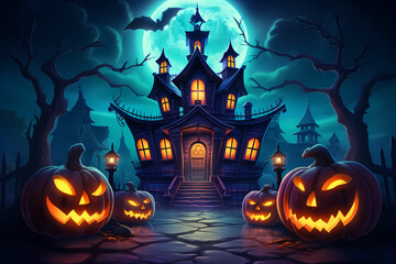 Halloween haunted house with bright moon and pumpkins. Halloween background for games. Halloween spooky mansion.