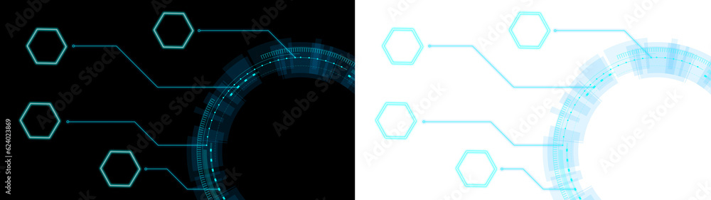 Poster circle hud with circuit line connected to hexagon shape transparent background