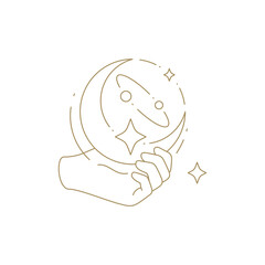Minimalist human hand half moon star esoteric galaxy planet line art icon vector illustration