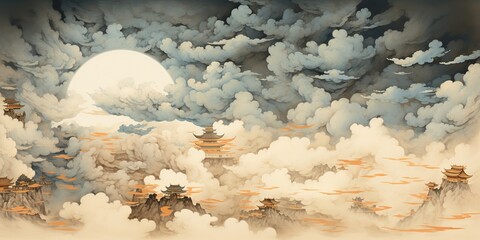 AI Generated. AI Generative. Ancient chinese temple mountain fog mist landscape. Vacation adventure outdoor asian traditional drawing painting art. Graphic Art