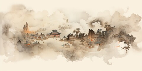 AI Generated. AI Generative. Ancient chinese temple mountain fog mist landscape. Vacation adventure outdoor asian traditional drawing painting 