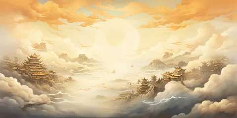Wall murals Place of worship AI Generated. AI Generative. Ancient chinese temple mountain fog mist landscape. Vacation adventure outdoor asian traditional drawing painting art. Graphic Art